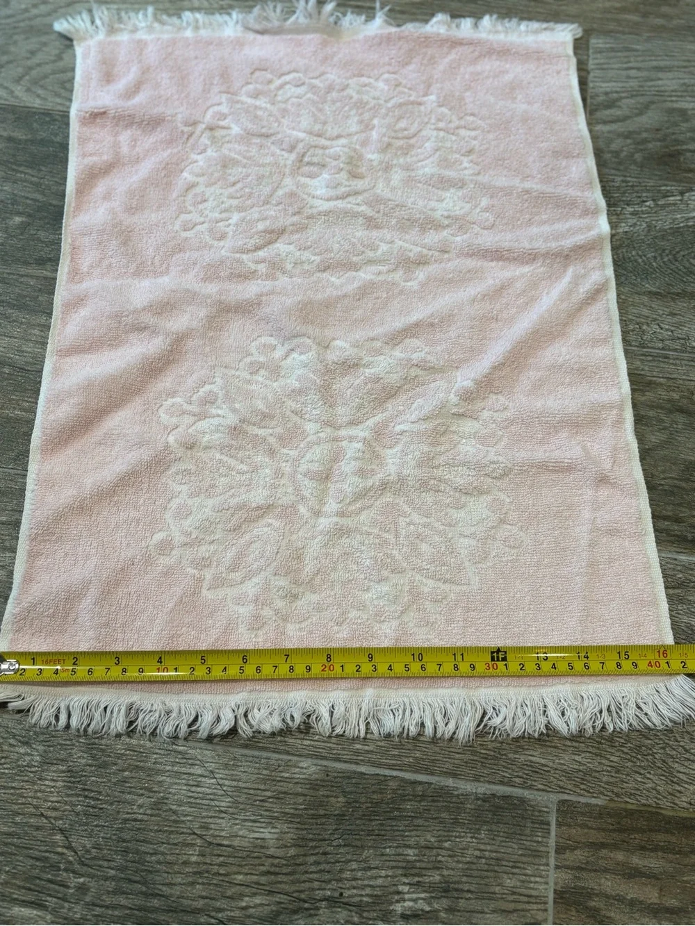 Vintage MCM Sears Cotron Hand Towel Pink Floral 1970s Fringe 16x23